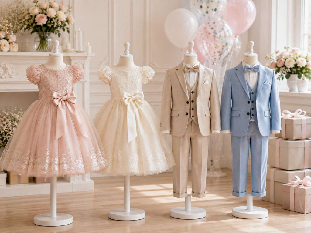 Coordinated girls' dresses and boys' party outfits for sibling celebration collections