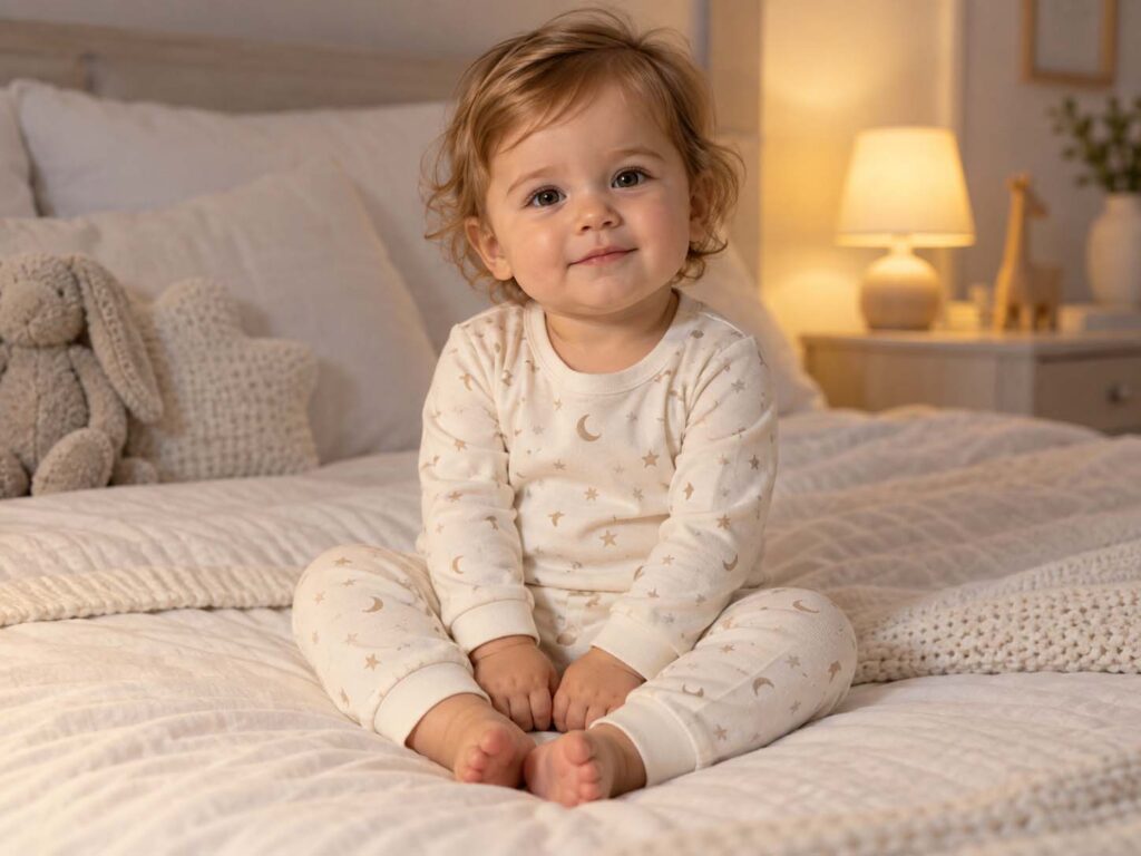 Baby wearing cream cotton pajamas with moon and star prints