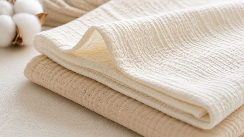 Close up texture of soft cotton muslin fabric used for baby clothing