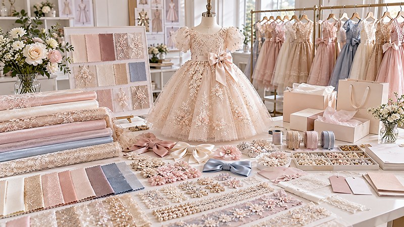 Custom kidswear options including fabrics, colors, embroidery, trims, labels and packaging