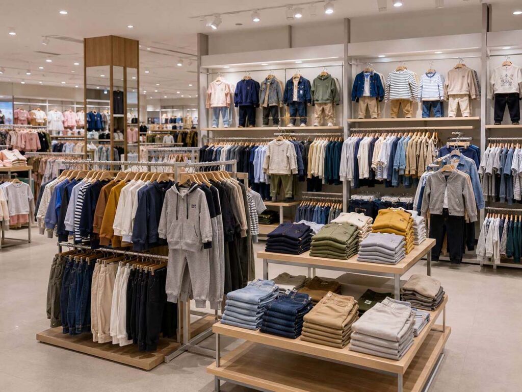 Everyday children's clothing collection displayed for supermarket retail
