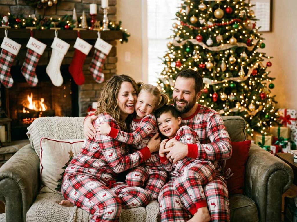 family wearing matching Christmas pajamas holiday bonding moment