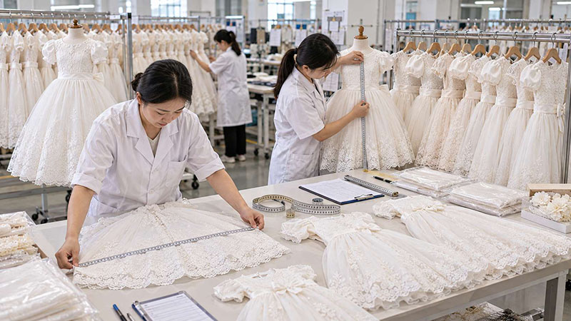 First Communion dresses checked for skirt length, size grading and hem consistency during bulk production
