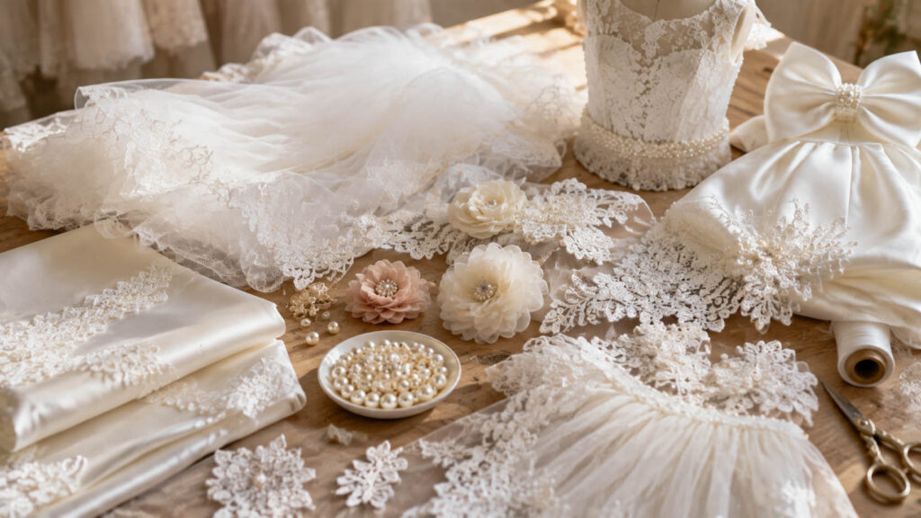 First Communion dress fabrics including tulle satin lace and embroidery details
