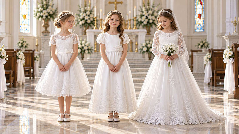 comparison.jpg Girls wearing tea-length, ankle-length and floor-length First Communion dresses