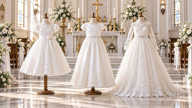 Tea-length, ankle-length and floor-length First Communion dresses shown side by side