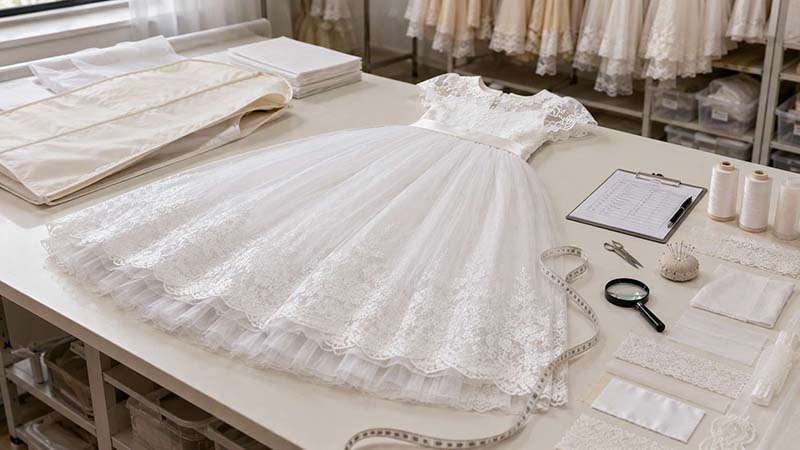 First Communion dress quality inspection checking lace, hem, lining and garment construction