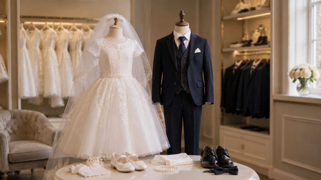 First Communion outfit components including girls dress and boys suit
