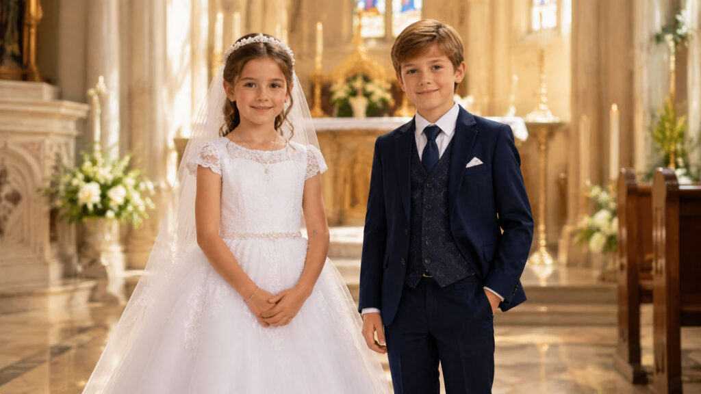 First Communion outfits for girls and boys with dresses and formal suits