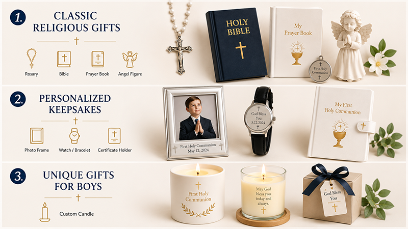 First Holy Communion gift ideas for boys with religious gifts and personalized keepsakes