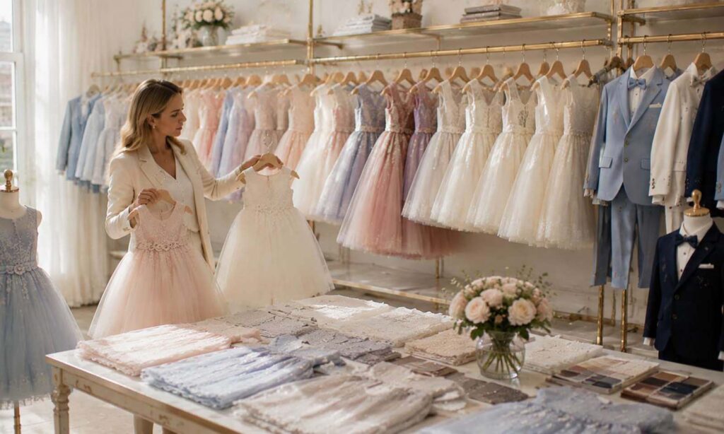 Buyer selecting different styles of children's dresses and boys suits in showroom