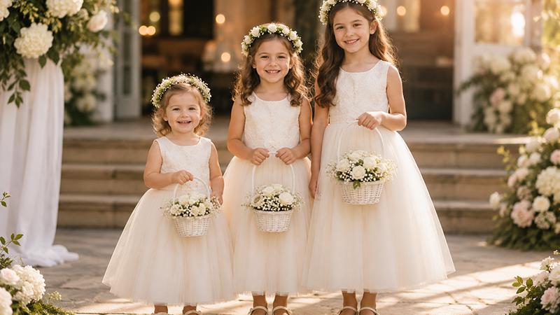 Flower girls aged 3 to 8 years old wearing matching dresses at a wedding ceremony