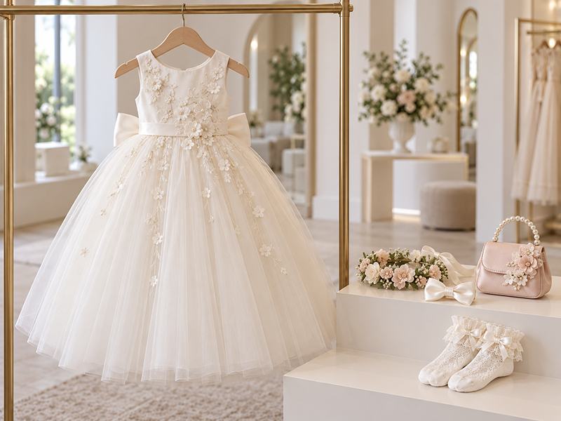 Ivory flower girl dress displayed with a floral crown, hair bow, blush bag and lace socks