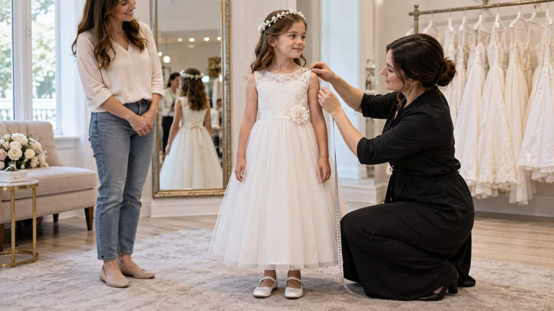 Garment specialist checking the shoulder and bodice fit of an ivory flower girl dress