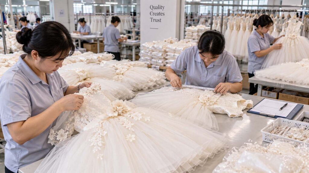 Flower girl dresses being inspected for workmanship, measurements and quality during bulk production