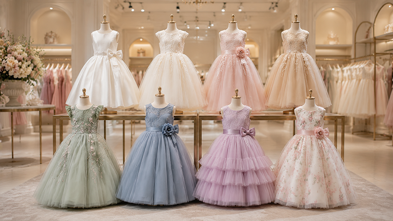Flower girl dress color collection displayed in a luxury showroom with ivory, blush, champagne, sage green and dusty blue dresses