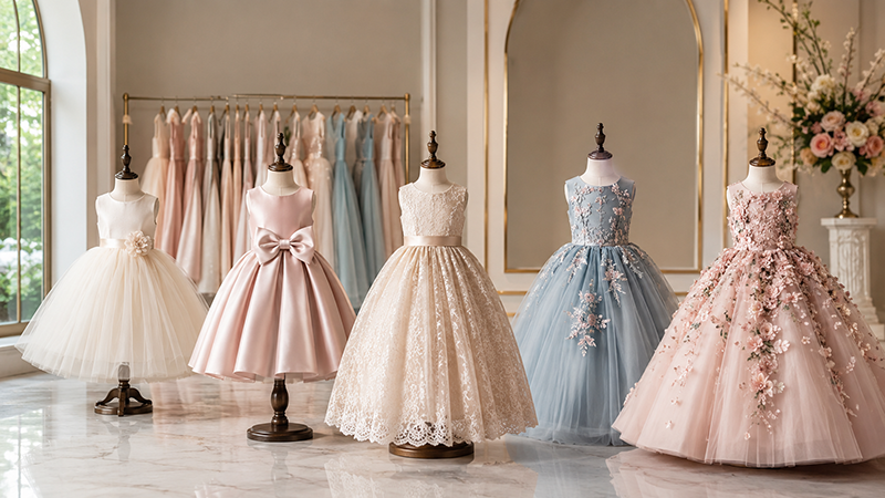 Flower girl dress cost comparison showing different fabrics, skirt volumes and decorative details
