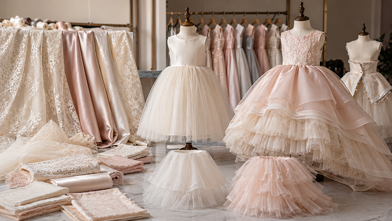 Flower girl dress cost comparison showing different fabrics, skirt volumes and decorative details