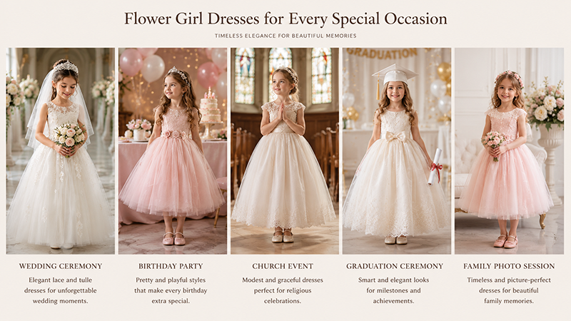 Comparison showing flower girl dresses worn for weddings, birthdays, church events, graduations and family celebrations.