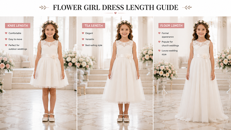 Comparison of knee length tea length and floor length flower girl dresses