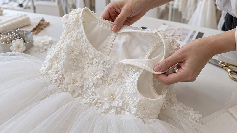 Garment technician checking the lining, neckline seams and lace details of a flower girl dress sample