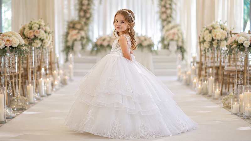 Flower girl dress with petticoat creating full princess silhouette