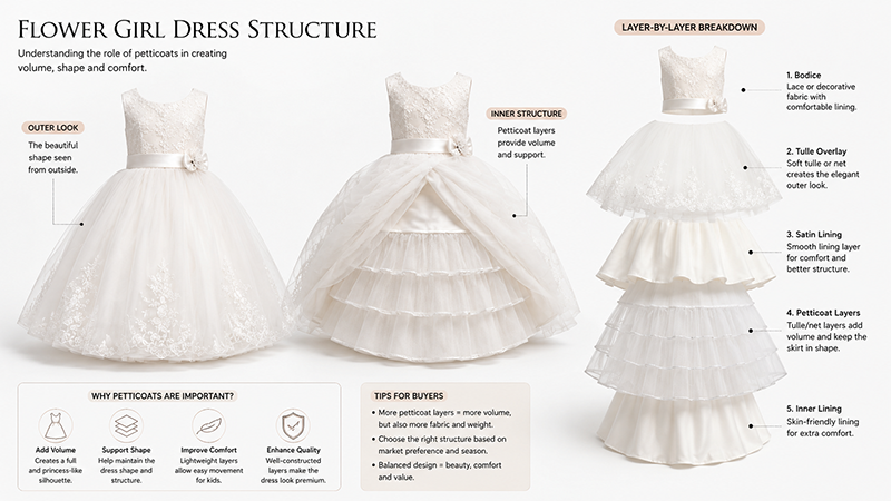 Structure of flower girl dress showing petticoat layers