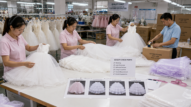 Flower girl dress production showing petticoat structure and packaging