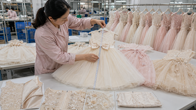 Quality inspector measuring and checking finished flower girl dresses after steaming