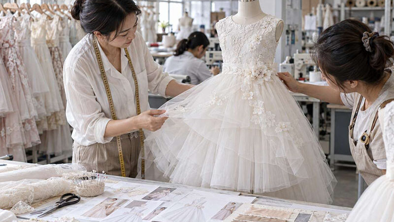 Designer reviewing a flower girl dress sample in the garment workshop