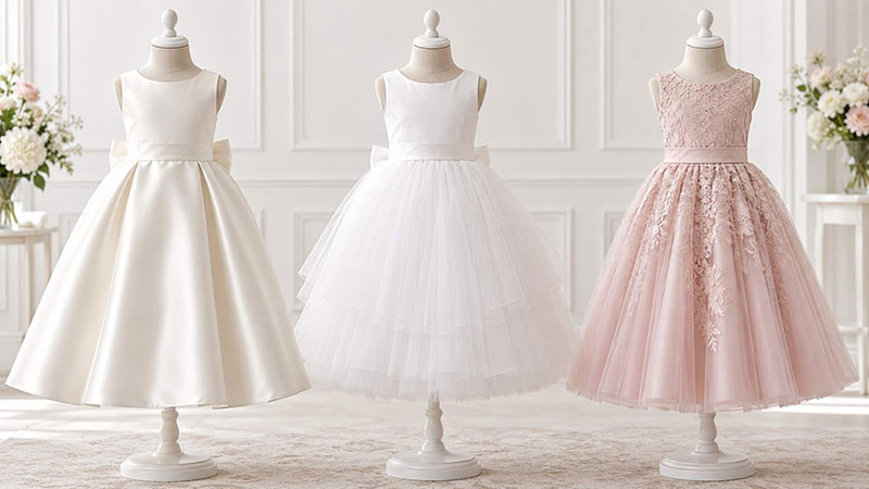 Three flower girls wearing coordinated satin, tulle and tea-length dresses at a garden wedding