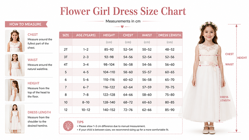 Flower girl dress size chart with height chest and waist measurements