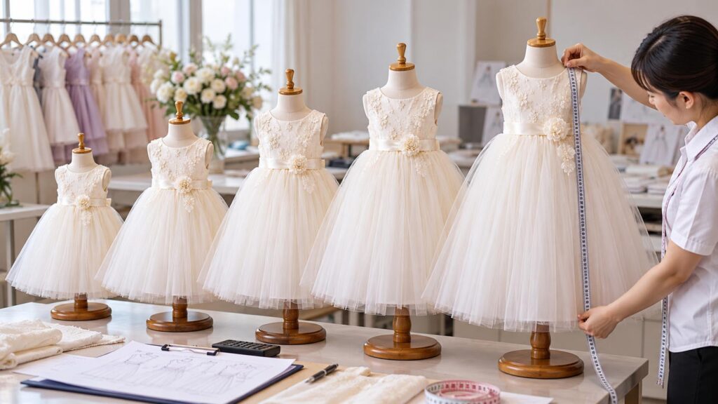 Flower girl dresses in multiple sizes being measured for size grading and quality control