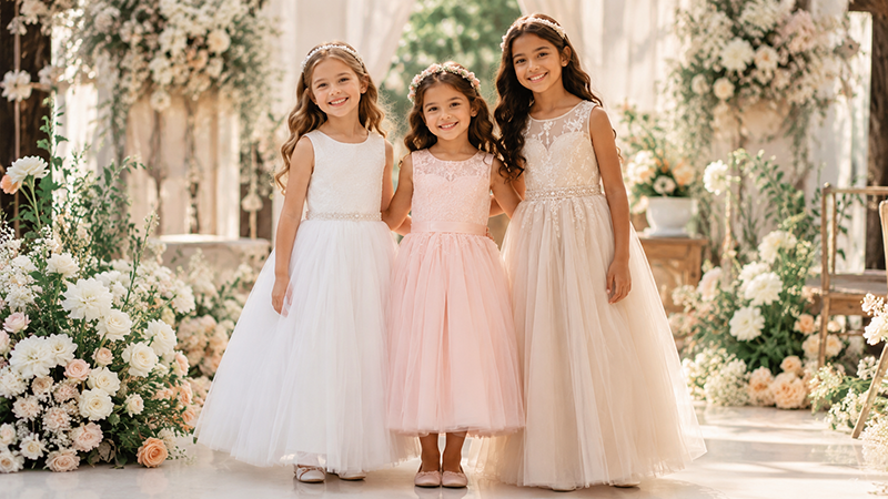 Flower girl dress size guide showing children wearing different flower girl dress sizes