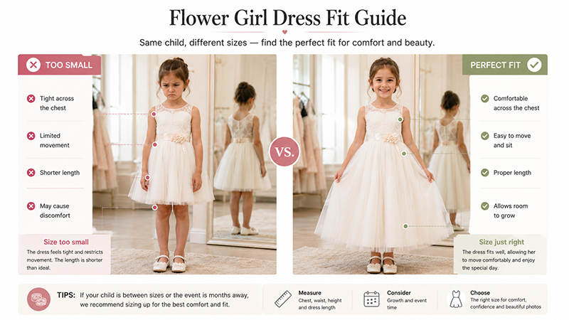Flower girl dress sizing comparison between correct fit and incorrect fit