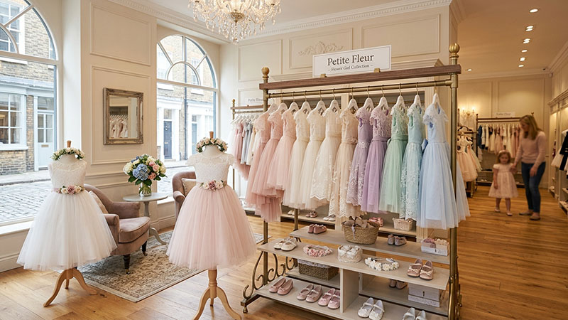flower girl dresses displayed in boutique store