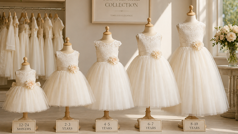 Flower girl dresses in different sizes displayed for toddlers and older girls