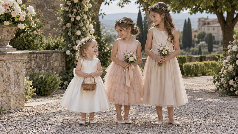 Three flower girls wearing coordinated satin, tulle and tea-length dresses at a garden wedding