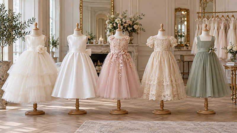 Ivory tulle, white satin, blush lace, champagne and sage flower girl dresses displayed on mannequins