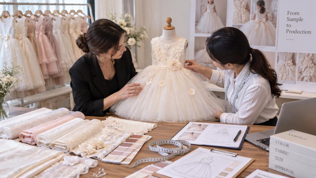 Wholesale buyer reviewing flower girl gown sample, fabric, measurements and color before bulk production