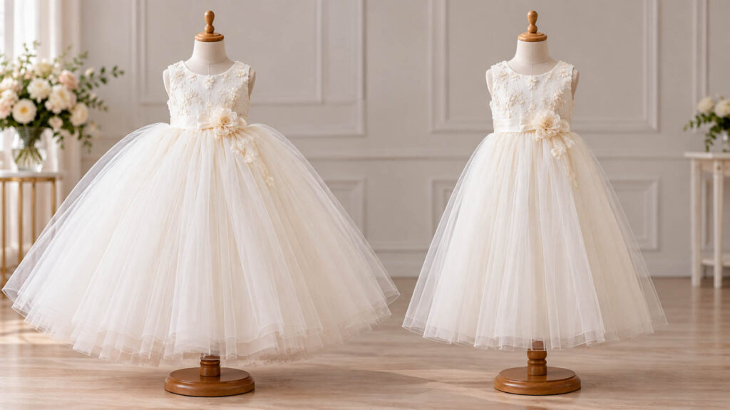 Flower girl gown skirt fullness comparison showing different tulle layers and fabric consumption