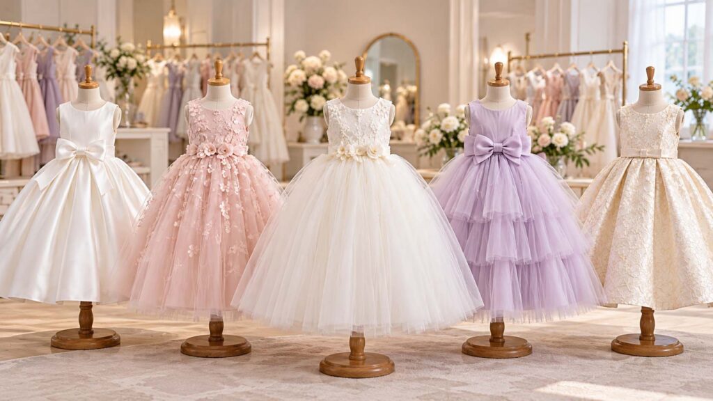 Flower girl gown styles with tulle, floral, bow and jacquard details for retail sourcing