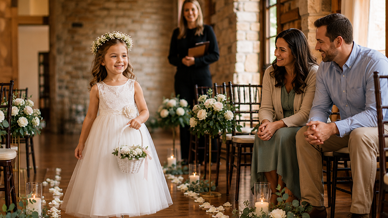 Young flower girl practicing her aisle walk during a wedding rehearsal while parents watch proudly