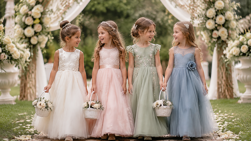Four flower girls wearing ivory, blush pink, sage green and dusty blue dresses at an elegant garden wedding