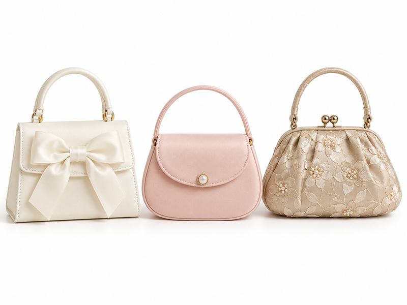 Three girls’ occasion handbags in ivory, blush and champagne on a white background