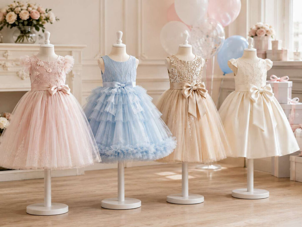Girls' birthday party dresses in tulle, satin and embellished styles for wholesale buyers