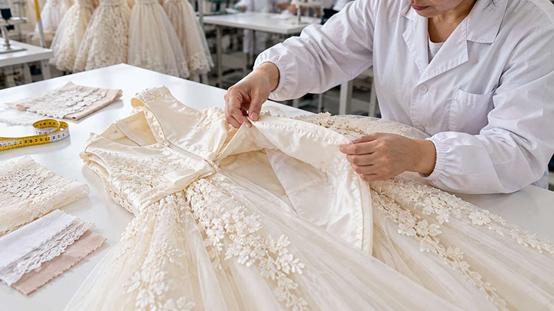 Garment inspector checking the lining, seams, and zipper of an ivory girls' formal dress.