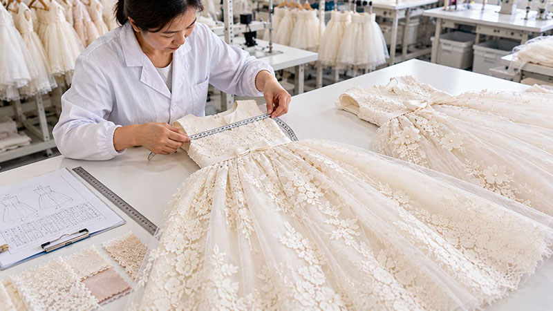Quality inspector measuring a girls' formal dress during sample approval.