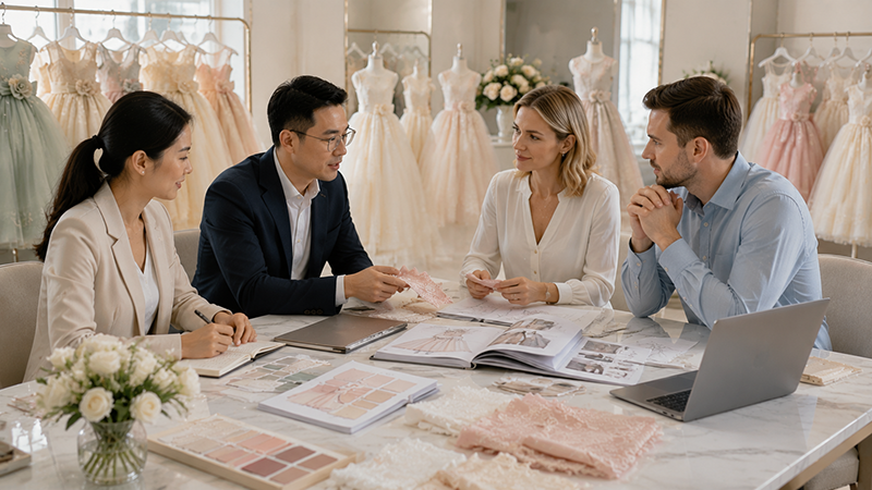 Wholesale buyer discussing girls dress collection with childrenswear manufacturer