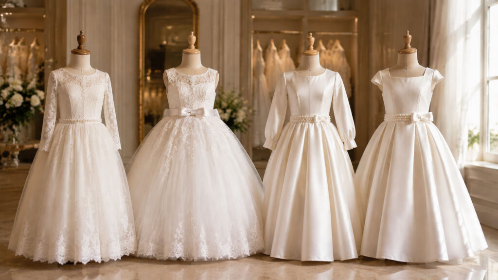 Different styles of girls first communion dresses with lace and satin details